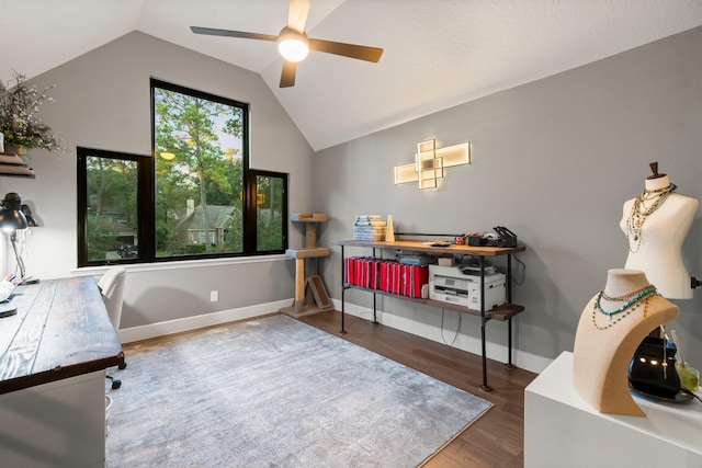 office area with wood-type flooring, lofted ceiling, and ceiling fan