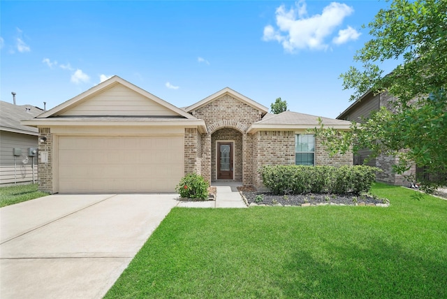 ranch-style house featuring a garage and a front yard