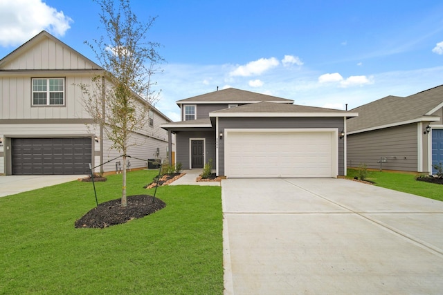 view of front of home with concrete driveway, an attached garage, board and batten siding, cooling unit, and a front lawn