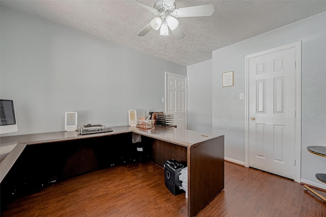 office area featuring hardwood / wood-style floors, a textured ceiling, and ceiling fan