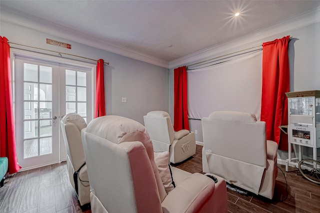 interior space featuring hardwood / wood-style flooring, crown molding, and french doors