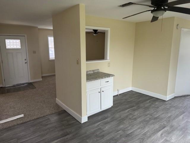 foyer with ceiling fan and dark hardwood / wood-style flooring