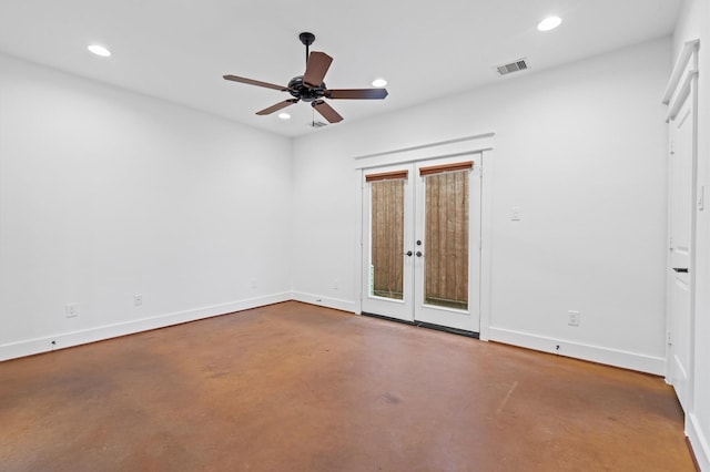 unfurnished room featuring concrete floors, french doors, and ceiling fan