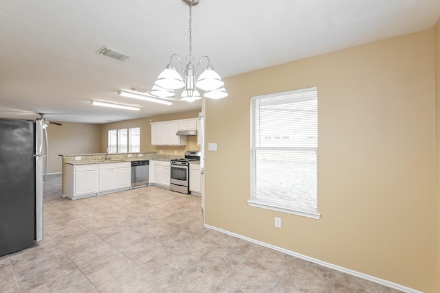 kitchen with sink, hanging light fixtures, appliances with stainless steel finishes, kitchen peninsula, and white cabinets