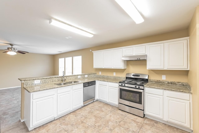 kitchen featuring appliances with stainless steel finishes, kitchen peninsula, sink, and white cabinets