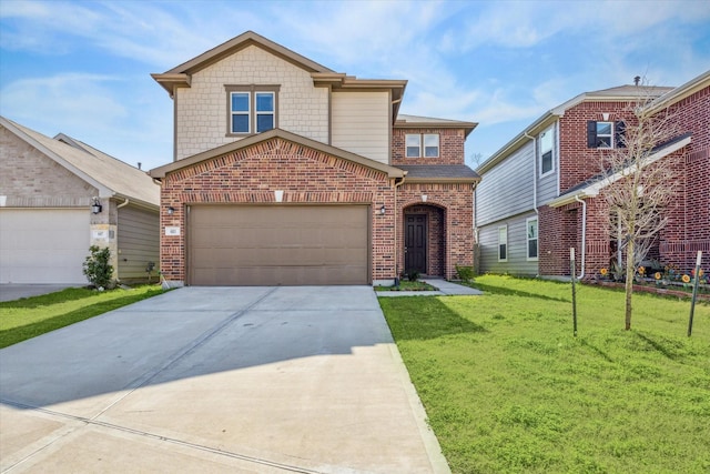 view of front property featuring a garage and a front lawn