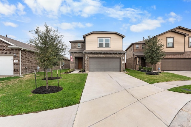 view of property with a garage and a front yard