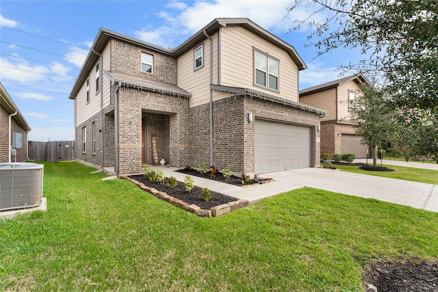 view of front of home with a garage, a front lawn, and central air condition unit