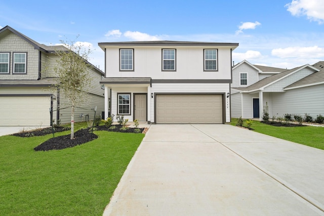 traditional-style home featuring a garage, concrete driveway, and a front lawn