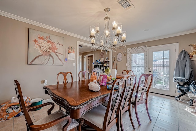 tiled dining room with crown molding