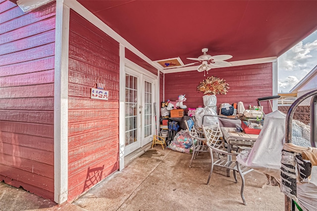 exterior space with french doors and ceiling fan