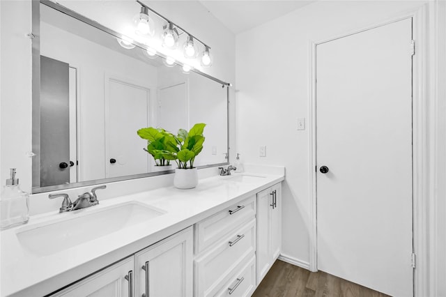 bathroom featuring wood finished floors, a sink, and double vanity