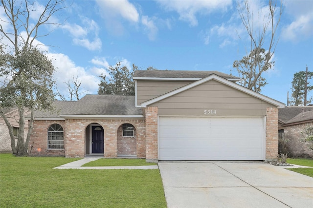 view of front of property with a garage, brick siding, a shingled roof, driveway, and a front yard