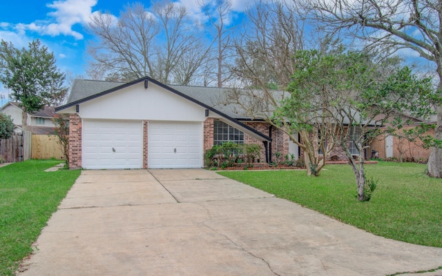 ranch-style house with a garage and a front yard