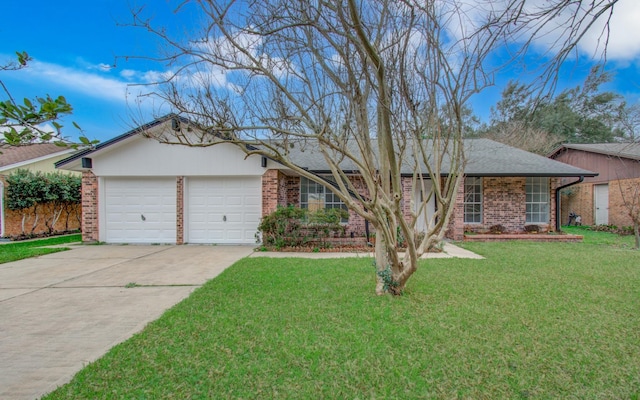 ranch-style house with a garage and a front lawn