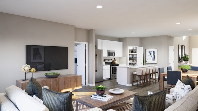 living room featuring dark wood-type flooring