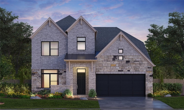 view of front of house featuring a standing seam roof, fence, brick siding, and metal roof