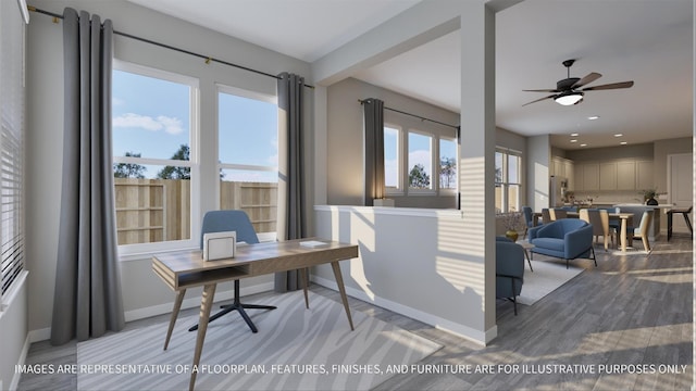 home office with recessed lighting, baseboards, light wood-style floors, and a ceiling fan