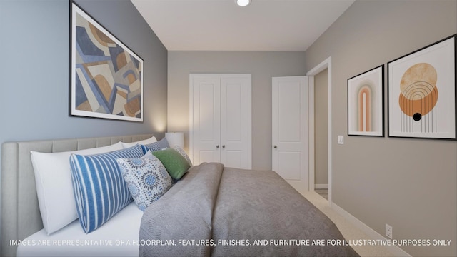 bedroom featuring carpet, baseboards, and a closet