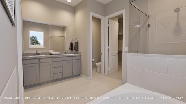 full bathroom featuring toilet, double vanity, a bathing tub, a stall shower, and a sink