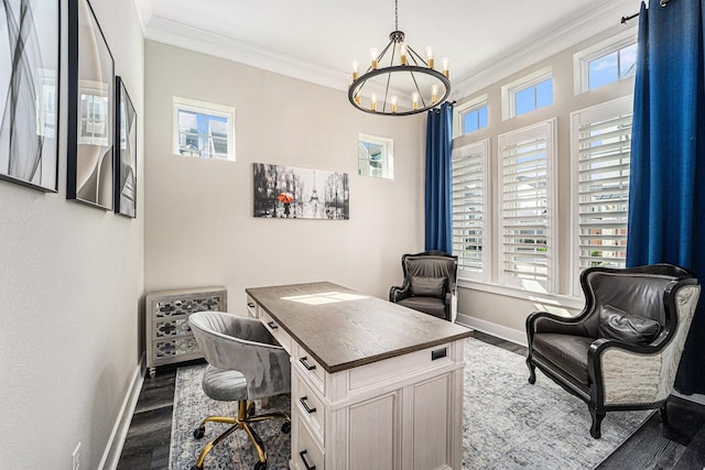 office space with dark wood-type flooring, crown molding, and a chandelier