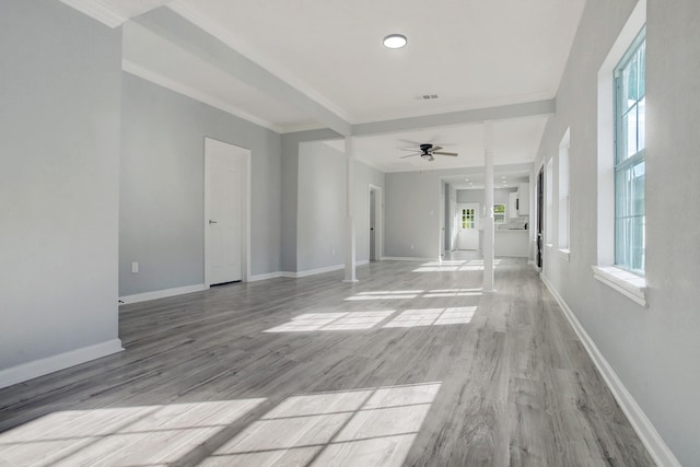 interior space with ceiling fan and light hardwood / wood-style floors