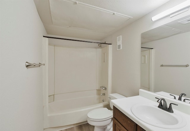 full bathroom with shower / bathtub combination, vanity, toilet, and wood-type flooring