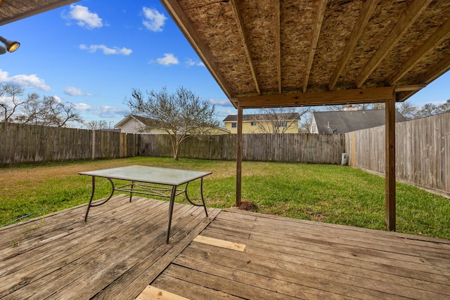 wooden deck featuring a fenced backyard and a yard