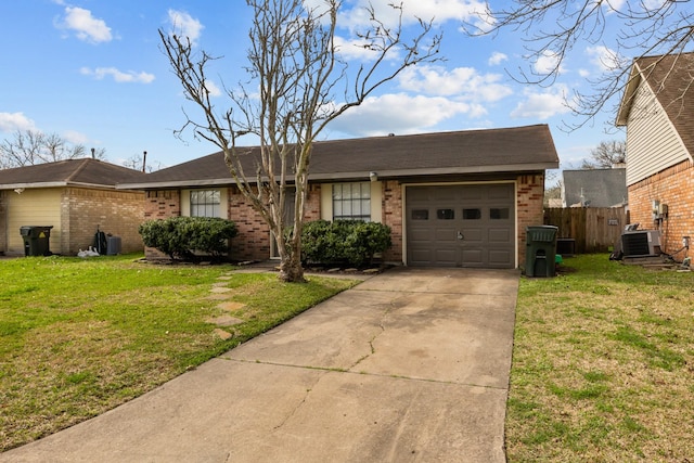 single story home featuring an attached garage, a front lawn, concrete driveway, and brick siding