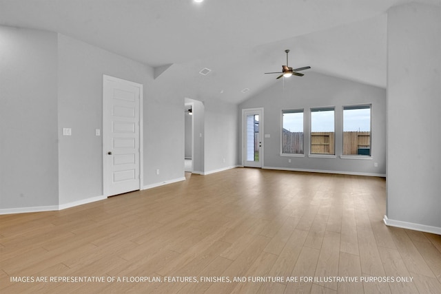 unfurnished living room featuring ceiling fan, baseboards, lofted ceiling, and light wood-style flooring