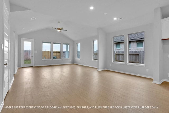 unfurnished living room featuring visible vents, baseboards, light wood-style floors, and vaulted ceiling