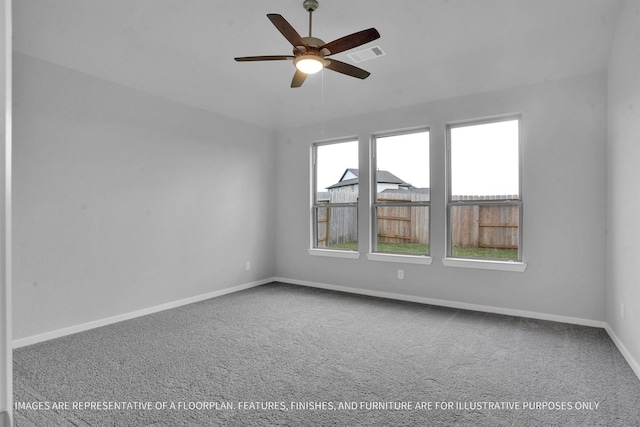 unfurnished room featuring visible vents, ceiling fan, baseboards, and carpet