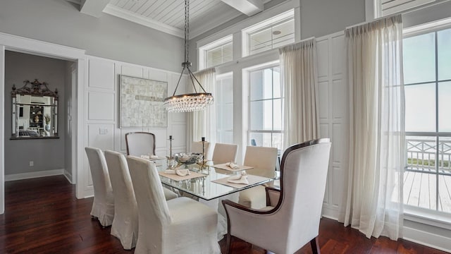 3450 Smiths Pt, Crystal Beach, TX 77650 - dining space with beamed ceiling, dark hardwood / wood-style floors, crown molding, and a notable chandelier