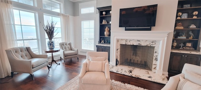 3450 Smiths Pt, Crystal Beach, TX 77650 - living room with a premium fireplace, built in features, and dark hardwood / wood-style floors