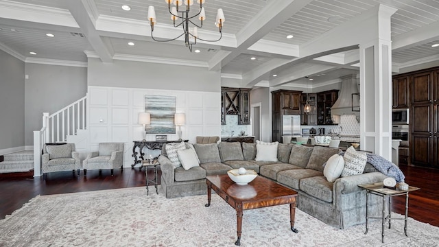 3450 Smiths Pt, Crystal Beach, TX 77650 - living room featuring beamed ceiling, coffered ceiling, and dark hardwood / wood-style floors