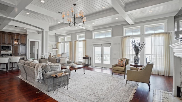 3450 Smiths Pt, Crystal Beach, TX 77650 - living room with beamed ceiling, coffered ceiling, crown molding, dark wood-type flooring, and french doors