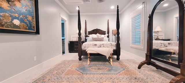 3450 Smiths Pt, Crystal Beach, TX 77650 - bedroom with crown molding and light colored carpet