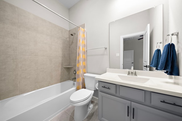 full bathroom with shower / bathtub combination with curtain, vanity, tile patterned floors, and toilet