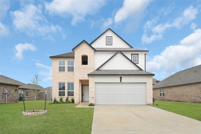 front facade featuring a garage and a front lawn