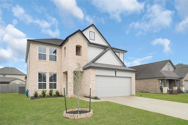 view of front facade featuring a garage, central AC unit, and a front lawn