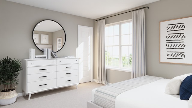 bedroom featuring light colored carpet