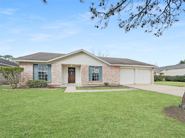 ranch-style house featuring a garage and a front lawn