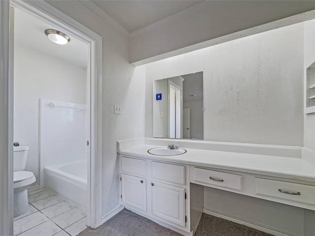 full bathroom featuring vanity, ornamental molding,  shower combination, and toilet