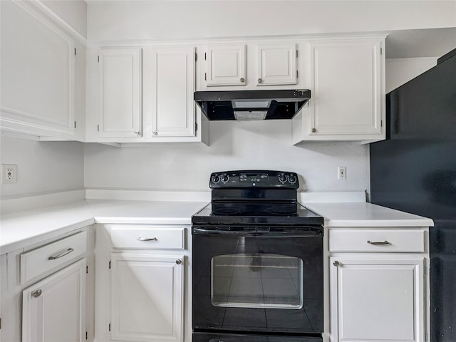 kitchen with black appliances, exhaust hood, and white cabinets