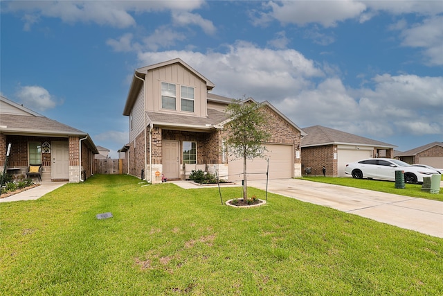 view of front of property featuring a garage and a front lawn