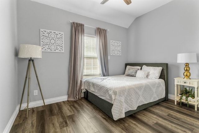 bedroom featuring lofted ceiling, hardwood / wood-style flooring, and ceiling fan