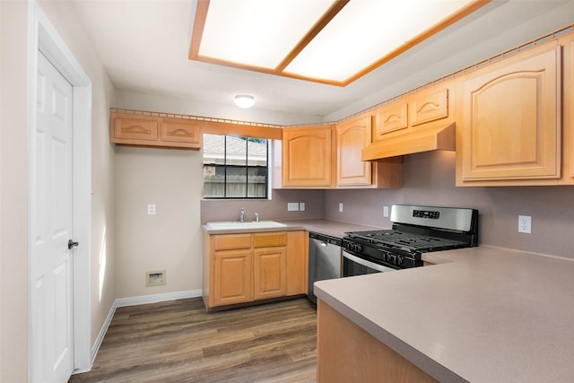 kitchen featuring stainless steel appliances, light brown cabinetry, and sink