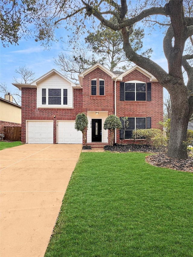 view of front of house with brick siding, a garage, concrete driveway, and a front lawn