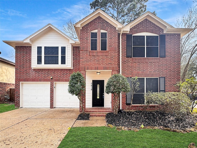 traditional home with brick siding, driveway, and an attached garage