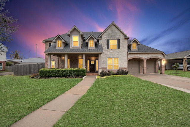 view of front of home featuring a porch, a garage, and a lawn